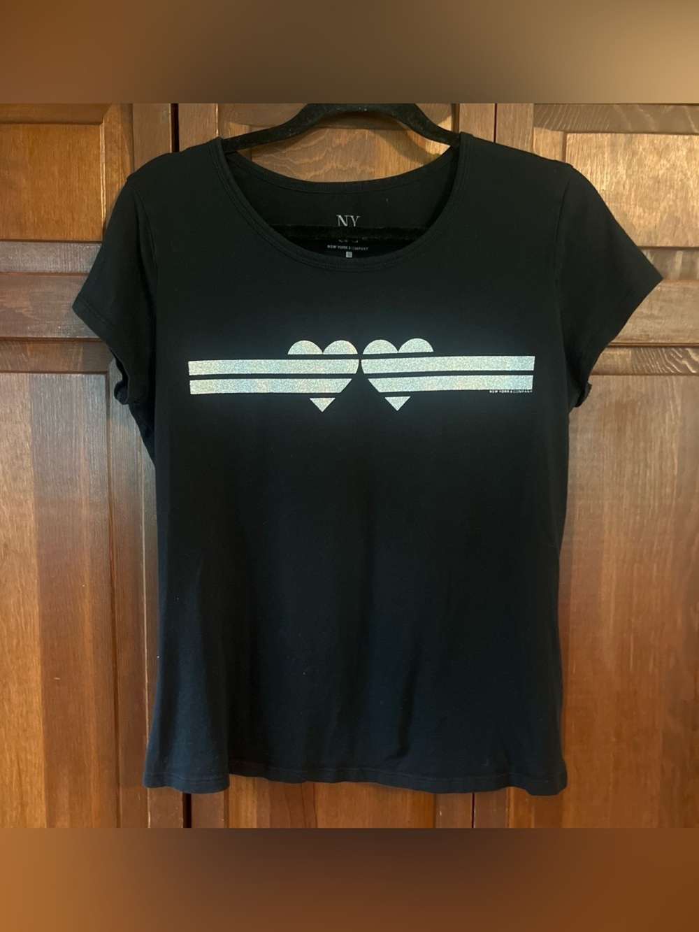 New York & Company Black Tee with Iridescent Heart Stripe